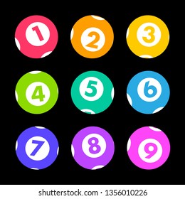 Vector Colorful Flat Balls Set with Number 1 to 9 isolated on Black