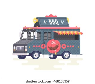 Vector colorful flat barbecue truck. Food truck. Isolated on white background.