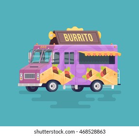 Vector colorful flat burrito truck. Arabian and Eastern traditional cuisine. Cartoon food illustration.