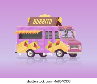 Vector colorful flat burrito truck. Traditional cuisine. Street cuisine. Vintage colors concept illustration.