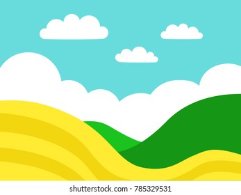 A vector colorful flat cartoon landscape with field and hills
