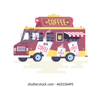 Vector colorful flat coffee truck. Isolated on white background.