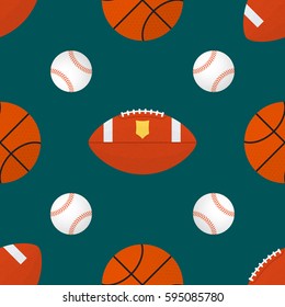 vector colorful flat design american football baseball basketball various playing sport balls dark teal background deco seamless pattern
