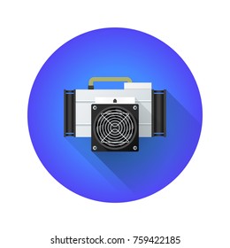 vector colorful flat design asic miner farm crypto currency application specific integrated circuit device shadowed illustration blue circle icon isolated on white background 
