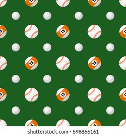 vector colorful flat design baseball golf billiard various playing sport balls green background deco seamless pattern