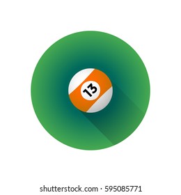 vector colorful flat design billiard professional orange stripe ball number thirteen isolated illustration green background circle icon with long shadow