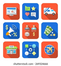 vector colorful flat design business distribution marketing process icons set long shadows 
