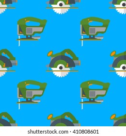 vector colorful flat design circular saw and jigsaw devices electrical instruments tools home remodel decoration seamless pattern background
