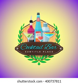 vector colorful flat design cocktail bar sign template with liquor bottles, cocktail glasses and barmen shaker on wood textured board yellow violet background
