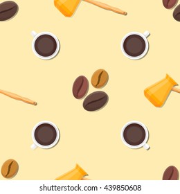 vector colorful flat design coffee beans cup truck hot pot isolated yellow cream background deco seamless pattern