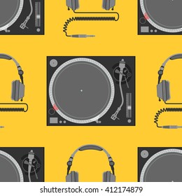 vector colorful flat design electrical device vinyl turntable and dj headphones decoration seamless pattern orange background

