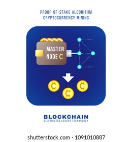 vector colorful flat design proof of stake algorithm cryptocurrency POS mining principle explain scheme illustration blue rounded square icon isolated white background
