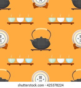 vector colorful flat design tea pack puer sign, teapot, bowls on stand deco seamless pattern isolated orange background
