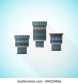 vector colorful flat design telescope eyepieces and oculars illustration set isolated on light background
