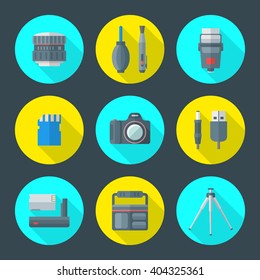 vector colorful flat design various photography icons with lens cleaning tools flash bulb, memory card digital camera connectors battery protection bag and tripod round icons with long shadows set 
