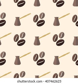 vector colorful flat design various brown coffee beans turk pot deco seamless pattern beige background
