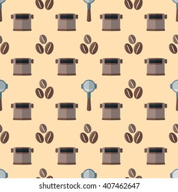 vector colorful flat design various brown coffee beans portafilter device knock box deco seamless pattern beige background