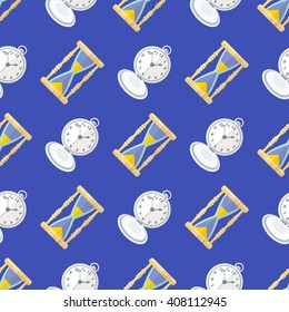vector colorful flat design various clock sand watch retro pocket watches deco seamless pattern blue background
