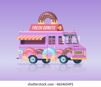Vector colorful flat donut truck. Vintage colors concept illustration.