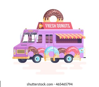Vector colorful flat donut truck. Isolated on white background.