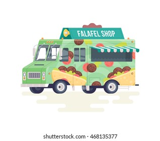 Vector colorful flat falafel truck. Food truck. Isolated on white background.