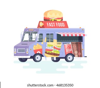 Vector colorful flat fast food truck. Food truck. Isolated on white background.