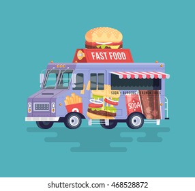 Vector colorful flat fast food truck. Street cuisine. Burgers and sandwiches. Cartoon food  illustration.