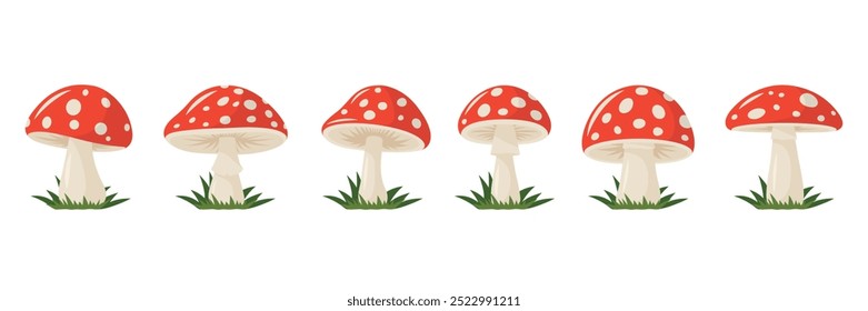 Conjunto de Ilustração Vetorial Flat Fly Agaric Colorido. Tampas vermelhas com manchas brancas. Ícones de cogumelos para a natureza, floresta, desenhos de mosca agárica. Coleção de Ilustrações de Cogumelos Vetoriais. Mosca Arte Agárica