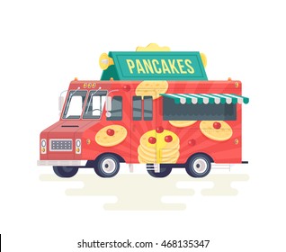 Vector colorful flat fresh pancakes truck. Food truck. Isolated on white background.