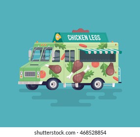 Vector colorful flat fried chicken legs truck. Street cuisine. Cartoon food illustration.