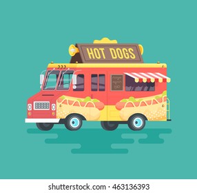 Vector colorful flat hot dog truck. Cartoon illustration.
