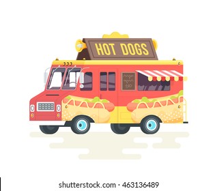 Vector colorful flat hot dog truck. Isolated on white background.