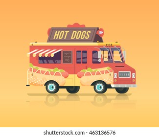 Vector colorful flat hot dog truck. Vintage colors concept illustration.