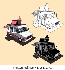 Vector colorful flat ice cream truck. Cartoon illustration.