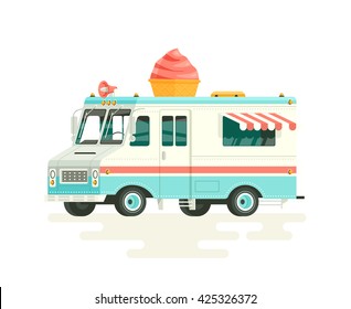 Vector colorful flat ice cream truck. Isolated on white background.