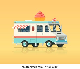 Vector Colorful Flat Ice Cream Truck. Vintage Colors Concept Illustration.