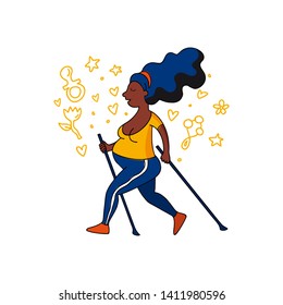 Vector colorful flat illustration of a black skinned pregnant woman. Happy, healthy, sporty dark skinned girl is doing Nordic walking Identity pregnancy hospital Hand drawn graphics design with doodle