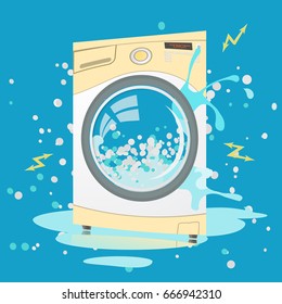  Vector  colorful flat illustration of Broken washing machine in cartoon style. Bubbles,Sparks. Money back guarantee. Quality control service. Repair service 