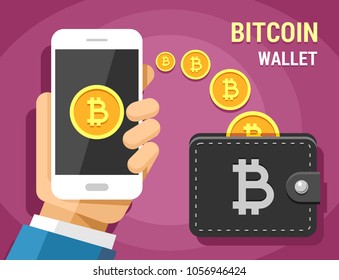 Vector colorful flat illustration of cryptocurrency bitcoin and mobile banking. Hand holding mobile phone sending gold bitcoins into the wallet