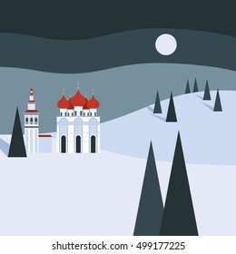 Vector colorful flat illustration with idyllic winter landscape and russian church in flat style