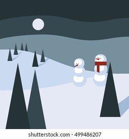 Vector colorful flat illustration with idyllic winter landscaped snowman in flat style