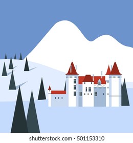 Vector colorful flat illustration with idyllic winter mountains landscape and building in flat style