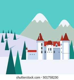 Vector colorful flat illustration with idyllic winter mountains landscape and building in flat style