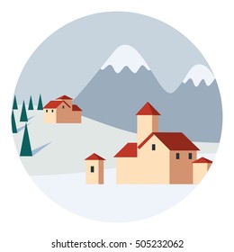 Vector colorful flat illustration with idyllic winter mountains landscape and building in flat style