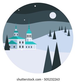 Vector colorful flat illustration with idyllic winter landscape and russian church in flat style