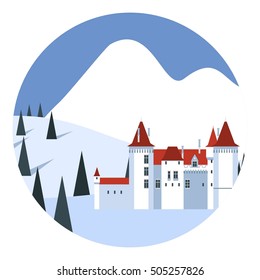 Vector colorful flat illustration with idyllic winter mountains landscape and building in flat style