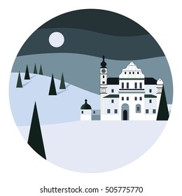 Vector colorful flat illustration with idyllic winter mountains landscape and building in flat style