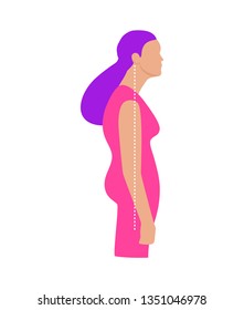 Vector colorful flat illustration. Neck exercises by girl for relax. Work with back. Uncorrect slouching posture. Creative concept. Pink and purple colors. White background