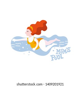Vector colorful flat illustration of a pregnant woman. Girl is swimming in a pool. Lettering Mom's Pool. Identity concept for pregnancy clinics, courses, postcards. Hand drawn graphics design template
