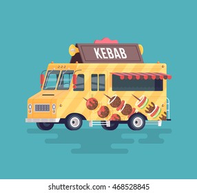 Vector colorful flat kebab truck. Barbecue and smoked meat. Street cuisine. Cartoon food illustration.